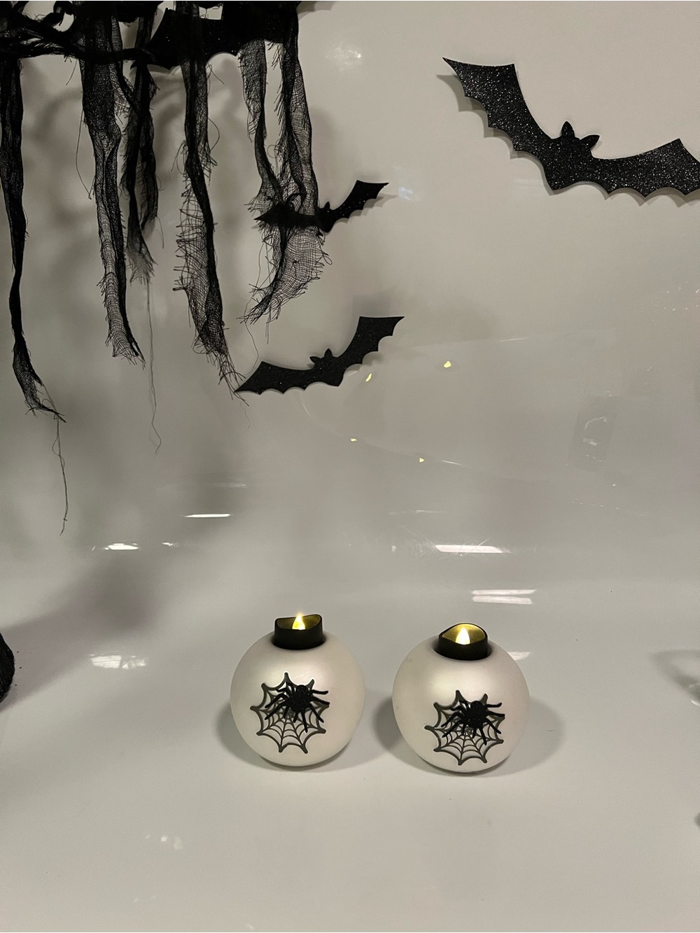 Halloween frosted white round spider web tealight candle holder Set of 2